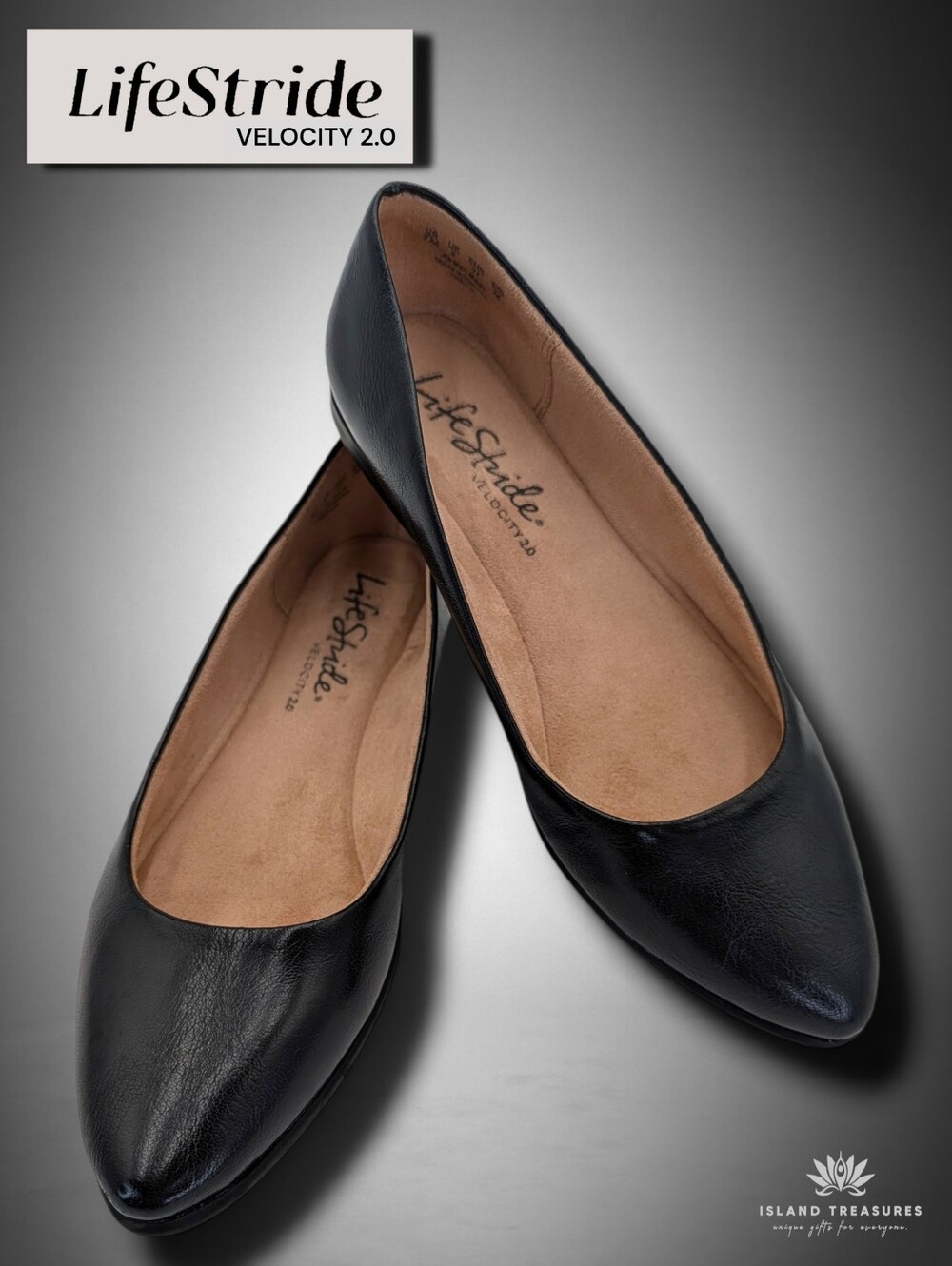 LifeStride Sz 7.5 M Velocity 2.0 Pointed Toe Ballet Flats Black Comfort Slip Ons